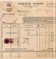 Facture * Agence Havas ( Journaux ) à Paris   Avec Timbre  Fiscal à 50 C D.A 60 C Barré  De 1944 - Storia Postale