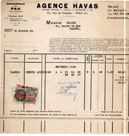 Facture * Agence Havas ( Journaux ) à Paris   Avec Timbre  Fiscal à 50 C   De 1936 - Lettres & Documents