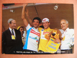 Cpm TOUR DE FRANCE Troyes 10 Aube 1987 Erich Maechler Maillot Jaune Guido Bontempi Maire Robert Galley - Ciclismo