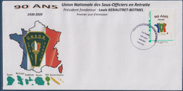 90 Ans, Union Nationale Des Sous Officiers En Retraite UNSOR Enveloppe TVP LV Adhésif 1er Jour 20.09.2020 - Brieven En Documenten