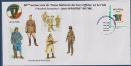 90 Ans, Union Nationale Des Sous Officiers En Retraite UNSOR Enveloppe TVP LV Adhésif 1er Jour 20.09.20 Soldats - Lettres & Documents