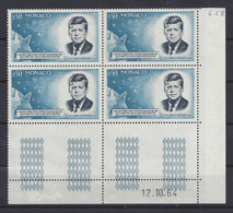 MONACO N° 658 - PRESIDENT KENNEDY - Bloc De 4 COIN DATE - NEUF SANS CHARNIERE - 12/10/64 - Unused Stamps