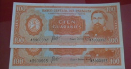 PARAGUAY ,  P 199a,   100 Guaranies  , L 1952 (1963) ,  UNC Neuf ,  2 Notes - Paraguay