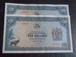 RHODESIA ,  P 33h,   10 Dollar , November 1975 , Almost UNC  Presque Neuf , 2 Notes - Rhodésie