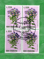 SAN MARINO ° 1971  - FIORI-FLEURS-FLOWERS.  Lire.220.Unif. 845. QUARTINA Usati - Gebruikt