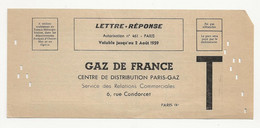 GAZ DE FRANCE - CARTE INFORMATIQUE PERFORÉE LETTRE RÉPONSE 2 AOUT 1959 TARIF BINOME Bo SUPPLÉMENT DE 8 FRANCS PAR JOUR - Autres