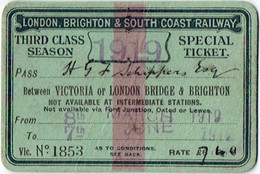 Ticket London, Brighton & South Coast Railway. 1919. Ticket Train Third Class. - Europe