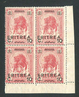 ERITREA 1922 10 C.  Su 1 A.** MNH QUARTINA ANGOLO DI FOGLIO - Eritrea