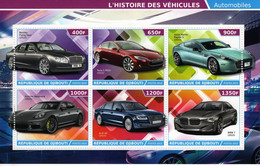 Djibouti 2015  -  L'Histoire Des Véhicules - Bentley-Tesla-Aston-Porsche-Audi-BMW - 6v Feuillet  Mint/Neuf - Coches