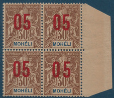 Colonies Type Groupe Mohéli Bloc De 4 BDFeuille N°19Aa** Variété 1 & 0 Espacés Tenant à Normal Signé Calves - Unused Stamps