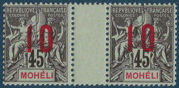 Colonies Type Groupe Mohéli Paire Interpanneau N°21Aa** Variété 1 & 0 Espacés Tenant à Normal Signé Calves - Unused Stamps