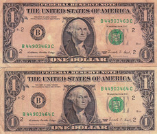 USA 2 X 1 Dollar Of Federal Reserve Notes 1988 NEW YORK VG-F Consecutive Numbers "free Shipping Via Regular Air Mail" - Federal Reserve Notes (1928-...)