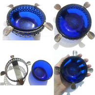 Vintage Elegant Glass Bohemian Cobalt Blue Cut Crystal Smoker Cigarette Ashtray - Vetro