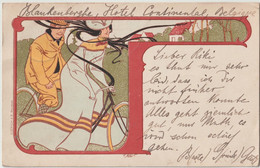 CPA Illustrateur  Art Nouveau V. Mignot Sports  Cyclisme Homme Et Femme à Vélo 1899 Envoyée Houlgate - Other Illustrators