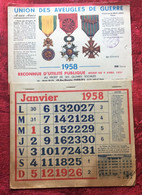 Union Aveugles Guerre Calendrier Grand Format:1958-☛Illustration De 3 Médailles War 1870-Légion Honneur-Croix De Guerre - Grand Format : 1941-60