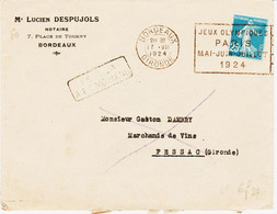 France, De Bordeaux , En 1924  Flier , Jeux Olympiques De Paris 1924 Cadre Petite Taille  RR Et   TB - Oblitérations Mécaniques (Autres)
