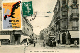 Reims * Vignette Grand Semaine D'Aviation De La Champagne 3/10 Juillet 1910 * Sur CPA Rue Talleyrand * Tramway Tram - Reims