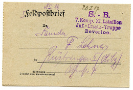 BELGIQUE - S. - B. 7. KOMP. XI. BATAILLON INF. - ERSATZ - TRUPPE BEVERLOO. SUR CARTE LETTRE EN FRANCHISE, 1917 - Deutsche Armee