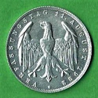ALLEMAGNE / REPUBLIQUE DE WEIMAR / ANNIVERSAIRE DE LA CONSTITUTION / 3 MARK / 1922 G / ALU / ETAT SUP - 3 Marcos & 3 Reichsmark