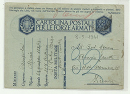 CARTOLINA  FORZE ARMATE 157 BATTERIA S.PIETRO CARSO TRIESTE 1941 - Portofreiheit