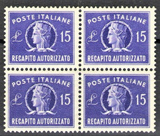 REPUBBLICA 1947 RECAPITO AUTORIZZATO 15 LIRE QUARTINA ** MNH - Colis-postaux