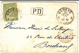 1862- Petite Enveloppe De GENEVE  Affr. N°26   ( ? ) Court Angle Gauche Supérieur -  Entrée Par Bellegarde - Cartas & Documentos