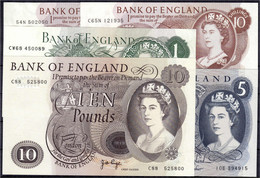 Bank Von England, 5 Scheine Zu 2 X 10 Shilling, 1, 5 U. 10 Pounds 1962-1975. I Bis II- Pick 373b.c, 374g, 375c, 376c. - Autres & Non Classés
