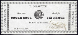 B. Joliette, Douze Sous / Six Pence 20.11.1838. St. Paul De Lavaltrie. II, Leichte Stockflecken, Sehr Selten. Pick -. - Canada