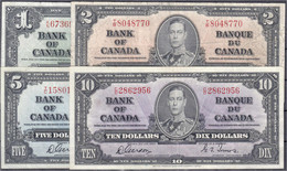 1, 2, 5 U. 10 Dollar 2.1.1937 II- Bis IV. Pick 58e, 59b, 60b, 61b. - Canada