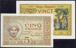 5 U. 20 Francs O.D. (1937-1947). II, Leicht Fleckig. Pick 35, 37. - Madagascar