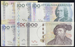 6 Scheine Zu 50, 3 X 100, 500 Und 1000 Kroner O.D. (2001-2005). I Bis III+, Unc - VF. Pick 64, 65, 66, 67. - Schweden