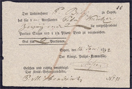 Deutsch-Ostbelgisches Gefangenengeld/Gutschein Zu 1 Portion Suppe Und 1 1/2 Pfund Brot 14.01.1832. Gut Für 2 Portionen.  - …-1871: Altdeutschland
