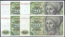 4 X 20 Deutsche Mark Incl. Austauschnote 1.6.1977. Serien GF/X(I), GG/N(I), GH/A(I-II) Und ZE/A(III-IV, Kl. Einriß). Tei - Autres & Non Classés