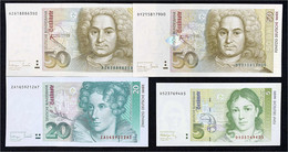 4 Scheine: 5 Deutsche Mark 1.8.1991 Serie D/D, 20 Deutsche Mark 1.10.1993 Ersatznote ZA/A, 50 Deutsche Mark 1.10.1993 Se - Autres & Non Classés