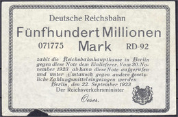 Deutsche Reichsbahn, Der Verkehrsminister, Fälschung Zu 500 Mio. Mark 22.9.1923. RD-92. IV+, Unten Fehlstelle - Zwischenscheine - Schatzanweisungen