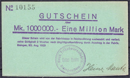 Mech. Trikotwarenfabrik Heinr. Maute, 1 Mio. Mark Auf Grünem Karton 20.8.1923. Violetter Büro-Druck Mit Firmenstempel Un - Zwischenscheine - Schatzanweisungen