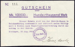 Mech. Trikotwarenfabrik Heinr. Maute, 100 000,- Mark 20.8.1923. Violetter Büro-Druck Mit Firmenstempel Und Handunterschr - Zwischenscheine - Schatzanweisungen