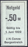 J.H. Conze, Buch- Und Papierhandlung, 50 Pfg. O.D. Gültig Bis 1.6.1922. I. Tieste 0830.05.10. - Zwischenscheine - Schatzanweisungen