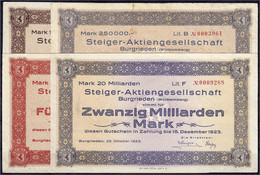 Steiger-Aktiengesellschaft: 4 Scheine Zu 100, 250, 500 Tsd. Und 20 Mrd. Mark. 15.8.1923 Und 25.10.1923. III Bis IV+, Sel - Zwischenscheine - Schatzanweisungen