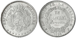 Boliviano 1874 PTS FE. Vorzüglich/Stempelglanz. Krause/Mishler 160.1. - Bolivia
