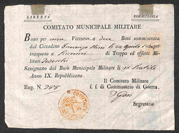 Documenti & Prefilateliche - 1800 (24 Aprile) - Comitato Municipale Militare - Bono Per Vettura - Savignano 15 Pratile A - Autres & Non Classés