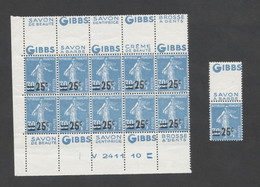 FRANCE N°217 - 25C / 30C BLEU SEMEUSE CAMEE - BLOC DE 10 TIMBRES - PUBLICITE GIBBS - BAS DE FEUILLE NUMEROTE - Andere & Zonder Classificatie