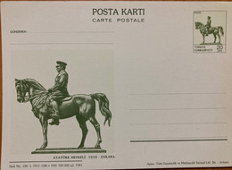 TURKEY 1981, POSTAL STATIONERY MINT  CARD ,ATATURK HEYKEL-ULUS -ANKARA HORSE !!! - Storia Postale