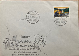 FINLAND 1983,REINDEER ANIMAL PICTURE CANCEL! NAPAPIIRI VILLAGE,ARCTIC, MAP , FLAG,RURAL HOUSE UNSER NACHBAR ,GOLD FROM - Lettres & Documents