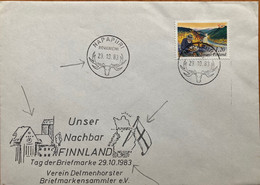 FINLAND 1983,REINDEER ANIMAL PICTURE CANCEL! NAPAPIIRI VILLAGE,ARCTIC, MAP , FLAG,RURAL HOUSE UNSER NACHBAR ,GOLD FROM - Cartas & Documentos