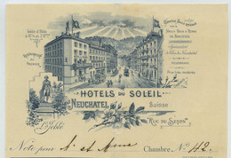 Suisse. Note à En-tête Illustré Des Hôtels Du Soleil à Neuchâtel. Vers 1900. - Switzerland