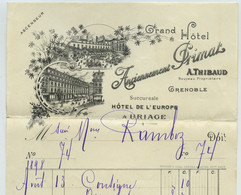 Note à En-tête Illustré Du Grand Hôtel, Anciennement Primat, à Grenoble. A. Thibaud, Propriétaire. 1898. - 1800 – 1899