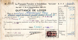 Quittance De Loyer  * La Française Foncière Et Immobilière   à Paris Avec 1 Timbres  Fiscal à 0.75 C De 1936 - Lettres & Documents