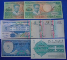 SURINAME , P 125	 132b 136b 138c 139a 149 155 ,  2 25 100 Gulden + 1 Dollar ,  2003 , UNC , Neuf, 7 Notes - Surinam