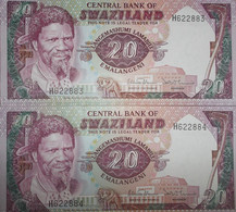 SWAZILAND  , P  11b ,   20 Emalangeni , ND  1985  , UNC , Neuf , 2 Notes - Swasiland